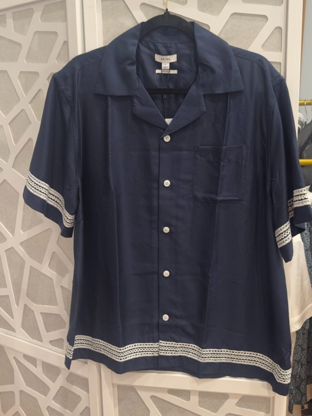 NWT Reiss Sharday Navy White Embroidered Hem Shirt (L)